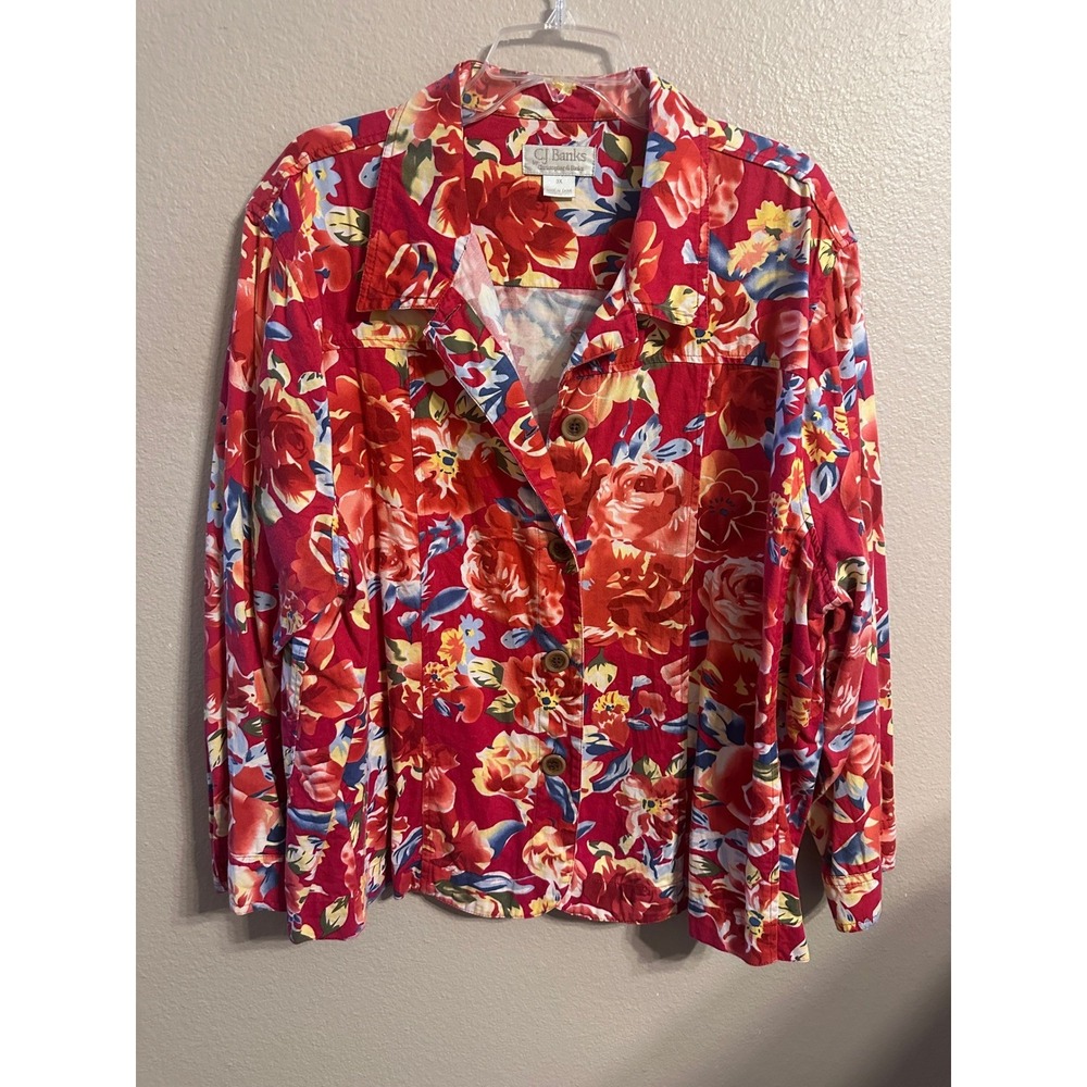 CJ Banks Floral Button Down Long Sleeve Top Red Yellow Blue 3X